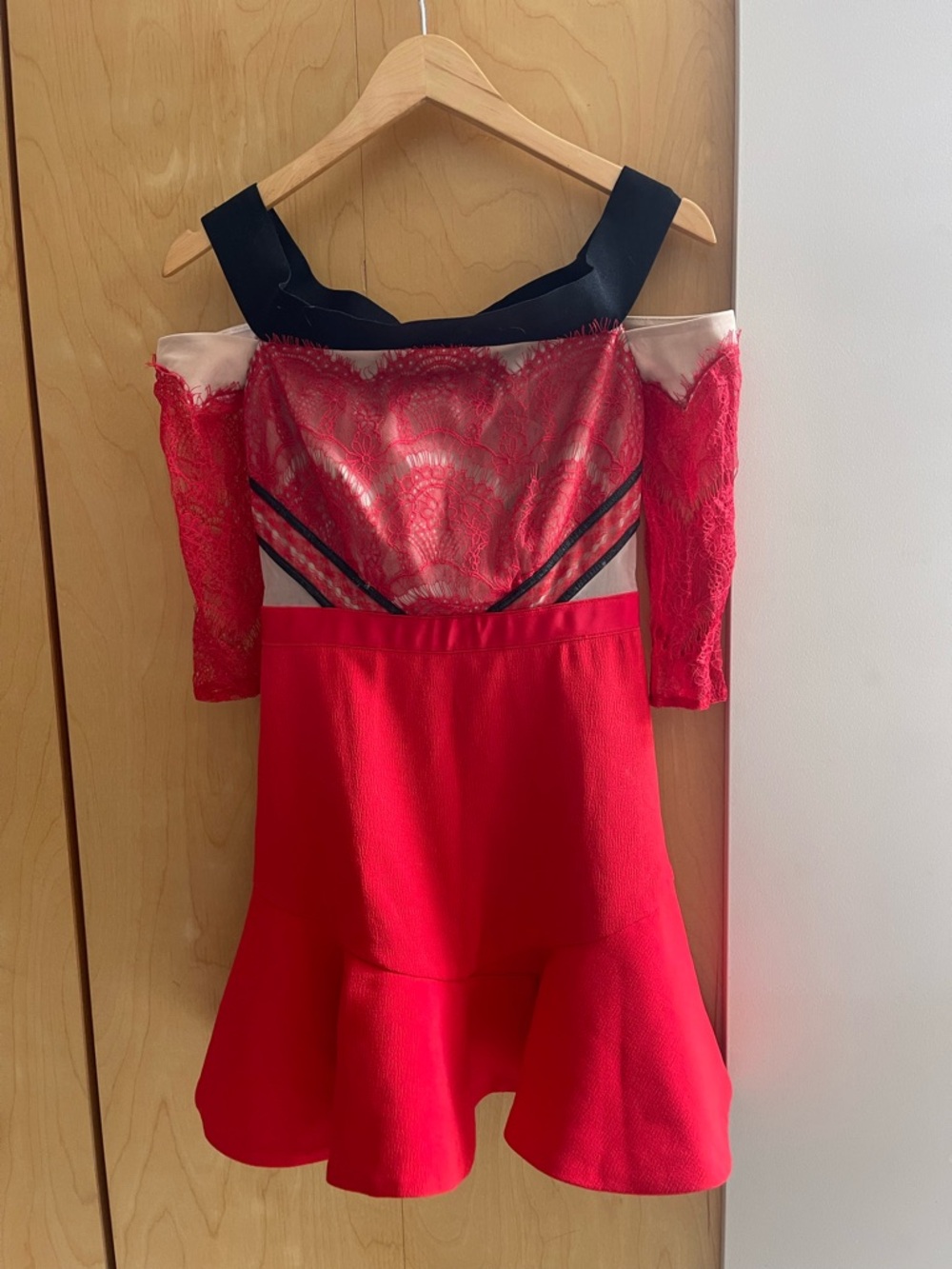 Three Floor Red Lace Off-Shoulder Cocktail Dress with Black Trim